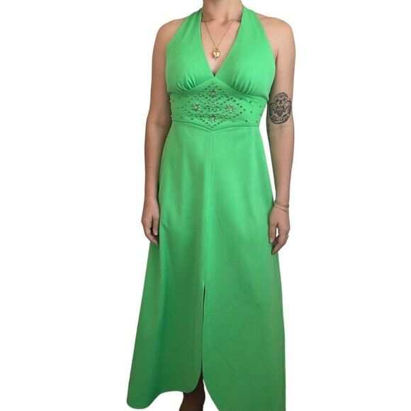 Vintage 1970s Womens Retro MidMod Lime Green Halter Prom Dress Evening Gown Sz M - Picture 9 of 10